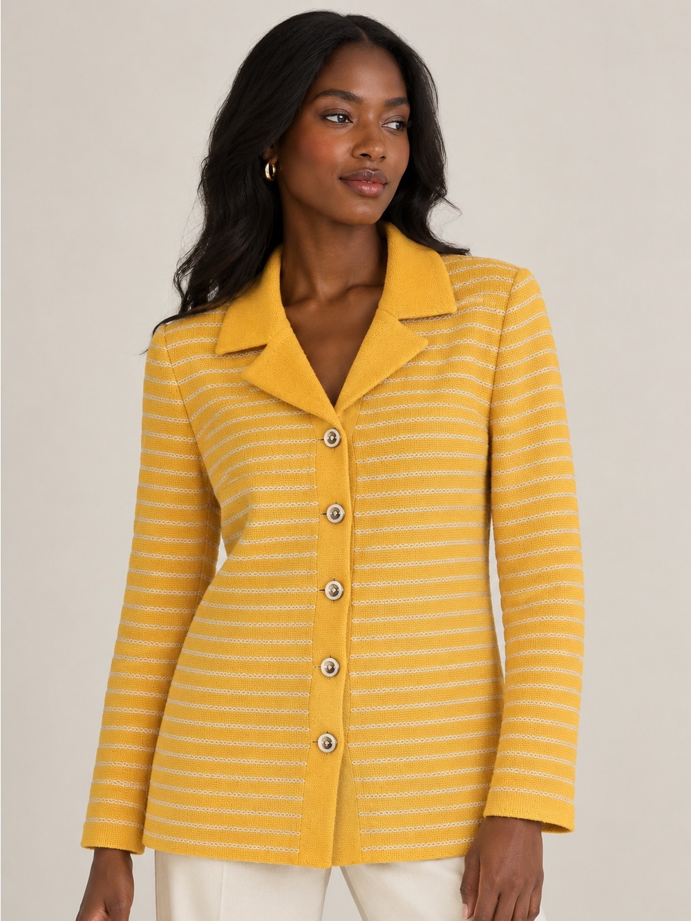 St. John Collection Marie Gray Yellow Striped Knit Jacket Size 2